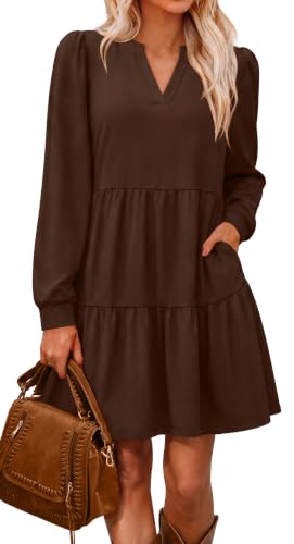 Chocolate Brown Dress Tiered Long Sleeve Dresses for Women with Pockets L | V Neck Dresses for Women,Flowy,Business Casual Going Out Tea Party Baby Shower Semi Formal Dress Photoshoots