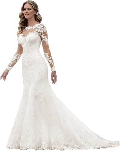 DXUOPL Lace Applique Wedding Dresses for Brides Ivory Long Sleeve