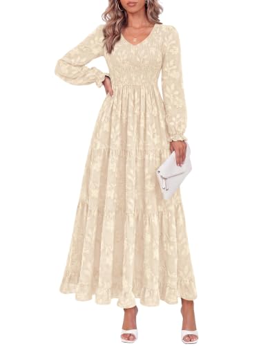 KIRUNDO Womens Long Sleeve V Neck Wedding Guest Maxi Dress,Beige,S