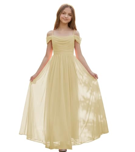 FLwuhui Junior Bridesmaid Dress Champagne Chiffon Flower Girl Dresses for Wedding Cowl Neck Girl Party Dresses US16