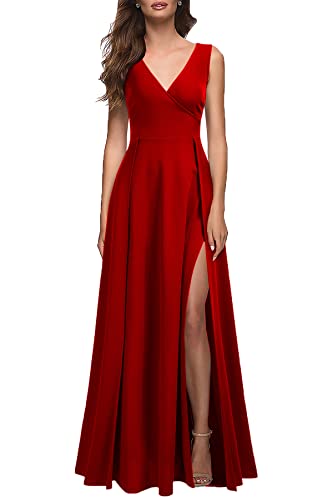 MUSHARE Women's V Neck Sleeveless Split Formal Dress Cocktail Party Prom Long Dresses Red