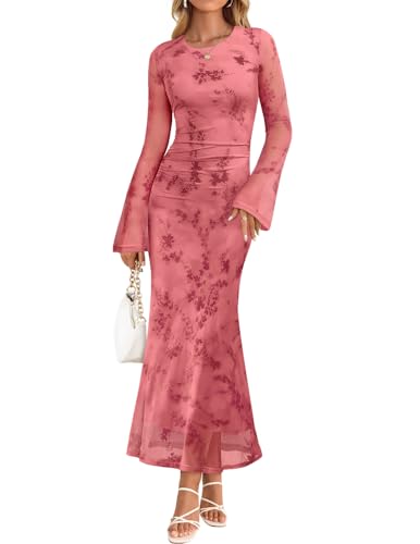 ZESICA Womens Long Sleeve Fall Bodycon Maxi Formal Dress Tie Dye Pink S | Bell Sleeve, Ruched, Mini A-line, Elegant, Wedding Guest, Cocktail, Party, Business Casual, Holiday, Dinner, Date, Prom Dress