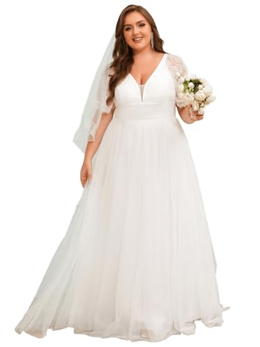 Ever-Pretty Plus Women's Lace V Neck A Line Short Sleeves Long Simple Bridal Gown Plus Size Wedding Dress for Bride White US20