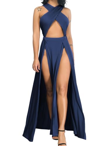 Velius Women Sexy Hollow Out Halter Wrap Sleeveless Plain Pleated Slit Casual Long Maxi Dress (XX-Large, Navy Blue)