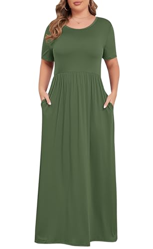 KARALIN Women’s Plus Size Maxi Dresses Summer Long Dress Army Green | Plus Size Long Dress,Summer Casual Maxi Dresses,Short Sleeve,Side Pockets,Round Neck,Elastic Waist,14 Plus – 26 Plus