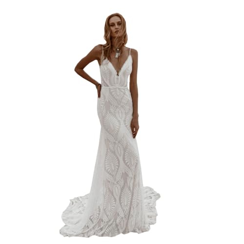 MRLYOUTH Bohemian Beach Wedding Dress Spaghetti Straps Lace Mermaid Bridal Gown with Train Ourtdoor Reception 2026 All in Ivory US 14