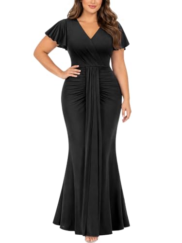 MISSMAY Women's Plus Size Elegant V-Neck Formal Casual Evening Gowns Dress | Ruched Mermaid Long Dresses,Draped Sashes,Wedding Guest,Prom,Bridesmaid Party Dress