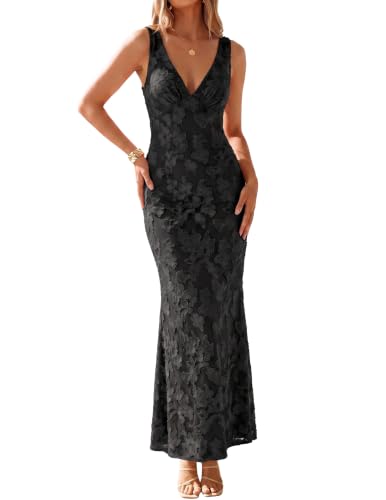 BORIFLORS Women's Bodycon V Neck Floral Cocktail Maxi Dress,M,Black | Wedding Guest Homecoming Party, Mesh Sleeveless, Elegant Long Dresses
