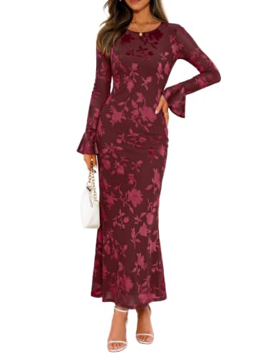 ZESICA Women's Fall Bell Long Sleeve Wedding Guest Dresses Wine L