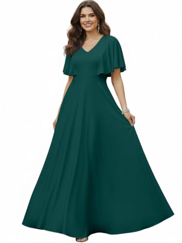 KOH KOH Plus Size Womens Short Sleeve Ruffle Elegant Modest Dressy Wedding Guest Prom Bridesmaid Cocktail Party Flowy Long Tall Formal Maxi Dress Dresses Gown Gowns, Emerald Green XL 14-16
