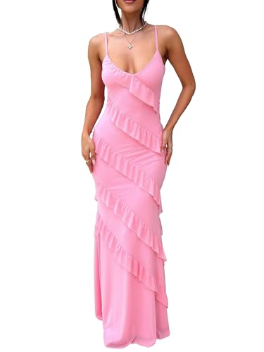 HOCILLE Women's Sexy V Neck Mesh Wedding Guest Cocktail Maxi Dress, L, Pink