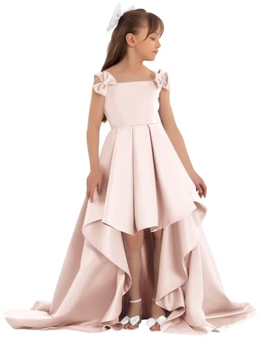 High-Low Junior Bridesmaid Dresses for Girls Blush Pink Satin A-Line Bow Straps Pageant Formal Party Dress 2026 TJ38 6
