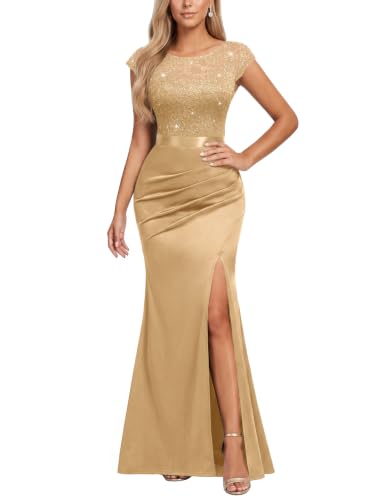 Miusol Women's Classy Scoop Neck Sequined Split Evening Party Maxi Dress (Large, Golden)