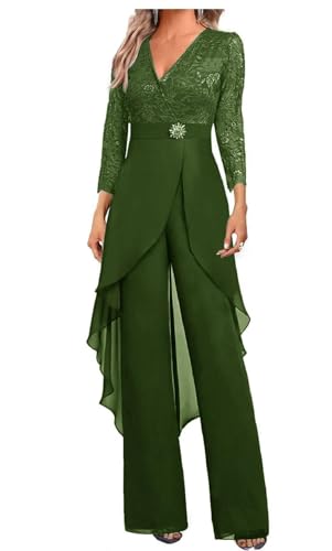 JUDHGGX Mother of The Bride Pants Suit Set 2 PC Chiffon & Lace Wedding Guest Outfit with Rhinestone 3/4 Sleeves Olive US12