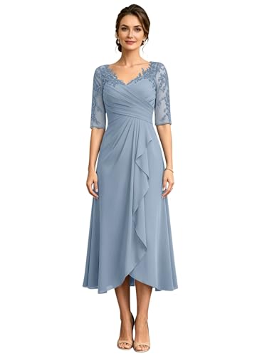 Petite Mother of the Bride Dresses Formal Chiffon Tea Length 3/4 Sleeves Corset High Low A-Line Lace Appliques Mother of the Groom Dresses Dusty Blue BWR04 US8