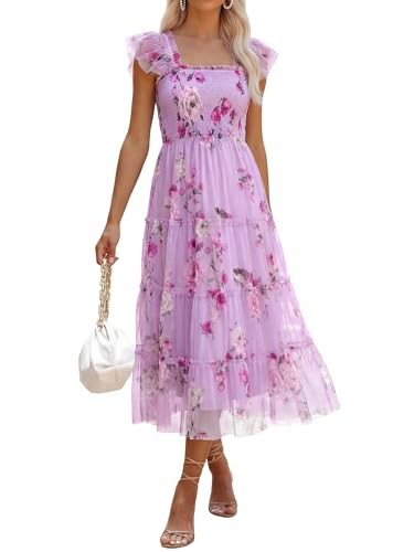 ANRABESS Floral Wedding Guest Dresses for Women Smocked Tulle Midi dress