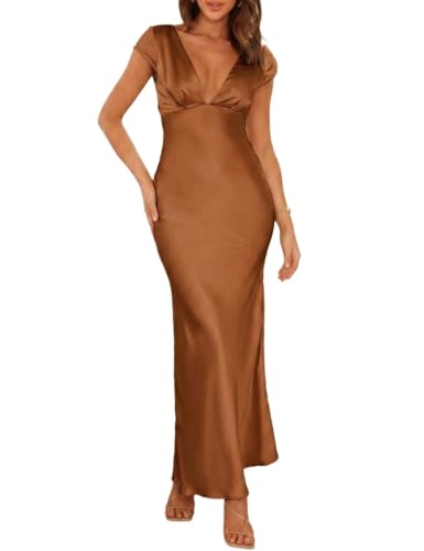 Halfisland Womens Summer Satin V Neck Cap Sleeve Midi Dress Wedding Guest