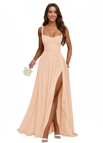 IIF Spaghetti Straps Chiffon Bridesmaid Dresses for Women Long Pleated Formal Evening Prom Party Gown Peach US Size 12 IIF204