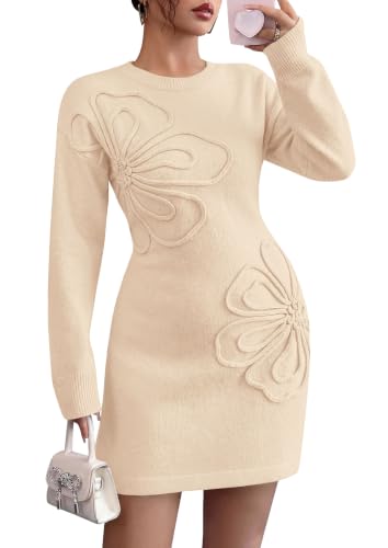 PRETTYGARDEN Women's Embroidered Long Sleeve Bodycon Mini Sweater Dress