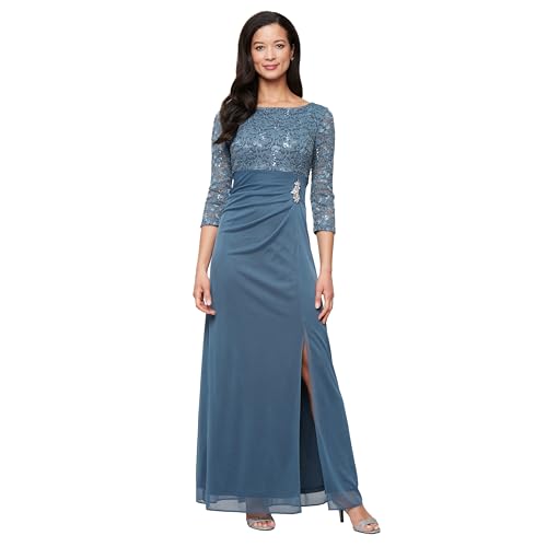 S.L. Fashions Women's Long Mother of The Bride Dress with Stretch Lace Bodice & Hip Embellishment (Petite and Regular Sizes), Steel Blue, 12