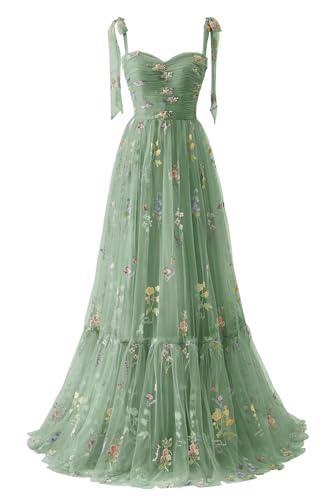 Basgute Women's Tulle Green Prom Dresses Long Corset Flower Embroidery Fairy Spaghetti Straps Sweetheart Formal Evening Party Gowns with Pockets US2