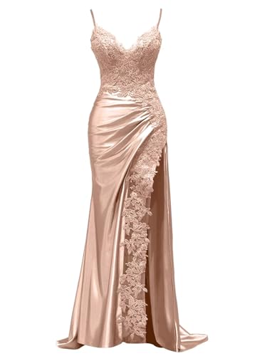 Spaghetti Straps Prom Dress with Corset and Slit V Neck Lace Embroidery Formal Prom Gowns Backless Ruched Satin Rose Gold Sexy Mermaid Formal Evening Party Dresses Ball Gown Long Size 12
