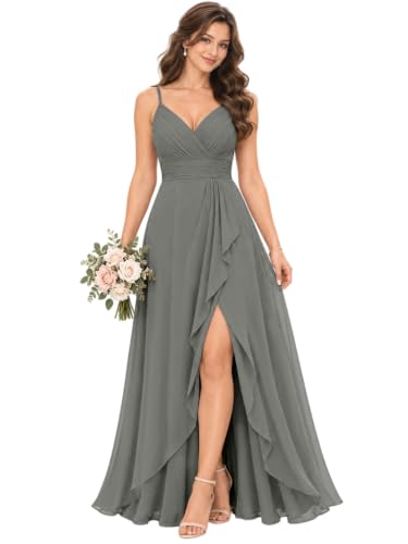 Long V Neck Spaghetti Straps Bridesmaid Dresses for Women Gray US10
