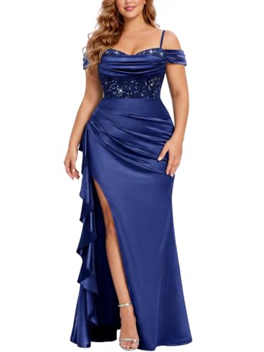 MISSMAY Women's Plus Size Formal Off Shoulder Split Satin Bridesmaid Dress | Wedding Guest,Sequin Lace,Sleeveless,V-Neck,Ruched Mermaid Party Evening Gowns Long Dress,Gala Dress Cocktail for Curvy Women