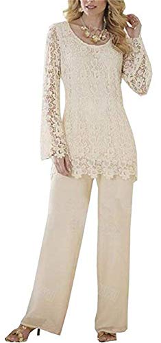 2 Pieces Mother of The Bridal Pant Suits Long Sleeve Chiffon Lace Women's Plus Size for Wedding Grooms Champagne