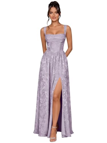 Phalarite Light Lilac Bridesmaid Dresses Floral Satin Prom Dress Long 4