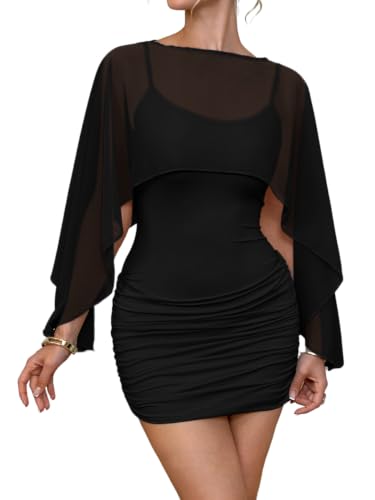 Kaei&Shi Women Elegant Mini Dress with Chiffon Cape Black S