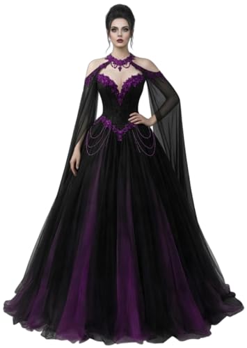 Haokeformal Vintage Vampire Wedding Dress with Cape Sleeves Beaded Lace Gothic Off the Shoulder Halloween Prom Quinceanera Black Plum 4