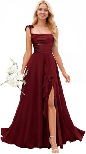 Eldecey Junior Bridesmaid Dresses Long Flower Girl Dress for Wedding Ruffle Spaghetti Straps Formal Dress for Girls Burgundy US0