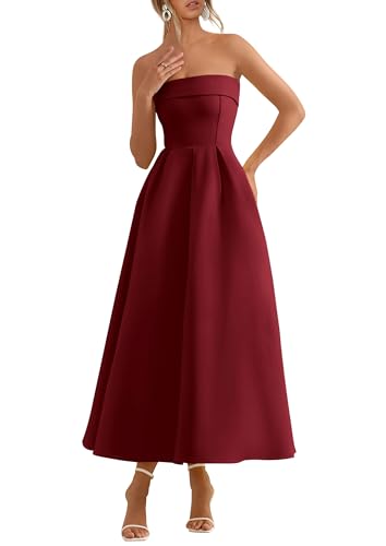 PRETTYGARDEN Cocktail Dresses for Women 2026 Summer Formal Elegant Tube Top Strapless Spring Wedding Guest Party Midi Dress(Burgundy,Small)