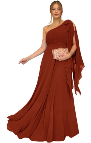 Chicbridal Rust Chiffon Bridesmaid Dresses Long Pleated One Shoulder Wedding Guest Dresses for Women Formal Gowns Rust US14