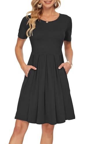 AUSELILY Women's Short Sleeve Pleated Swing Summer Dress with Pockets Black | Knee-length short sleeve dress, empire waist & pockets, ideal for casual daily wear and vacation Black XL