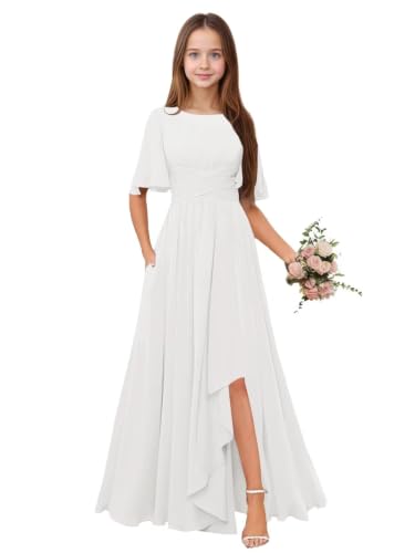 Qgeno Flower Girl Dresses Size 6 White Junior Bridesmaid Dresses Chiffon Scoop Neck A Line Teen Wedding Party Gowns