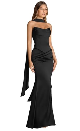 WDBFY Strapless Satin Bridesmaid Dresses with Scarf Black 0