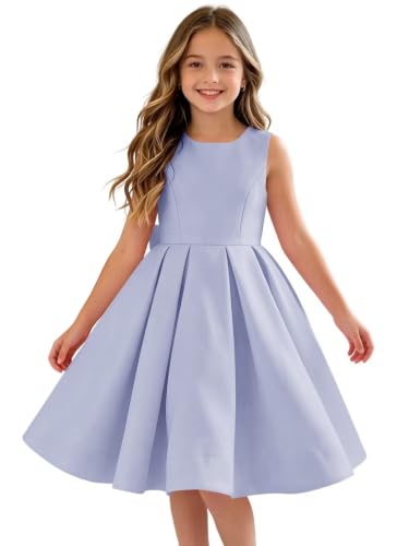 Heineyo Bowknot Satin Junior Bridesmaid Dress Girls Short Backless Spaghetti Strap Evening Party Ball Gown Wedding Lavender A-Line Sleeveless Flower Girl Dresses US14