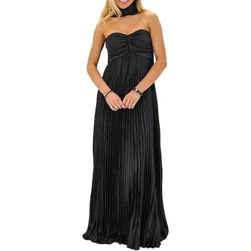 Women Bridesmaid Dresses with Scarf Strapless Pleated Flowy Solid Long Formal Wedding Guest Dress Womens Fall Dresses (Black, S)