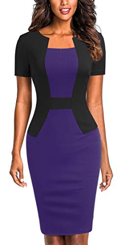 Mmondschein Women's Short Sleeve Colorblock Sheath Pencil Business Church Dress M Purple