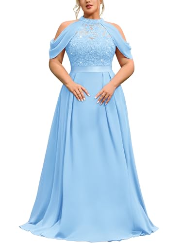 MISSMAY Women's Plus Size Formal Wedding Guest Halter Cape Sleeves Dresses | Mother of the Bride Groom Dress,Evening Gowns,Gala Dress,for Curvy Women,Sequin Lace,A-Line,Bridesmaid Prom Party Maxi Dress