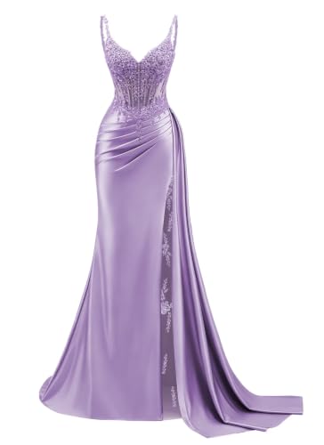 Satin Beaded Lilac Prom Dress Mermaid Formal Gown with Lace Slit US4