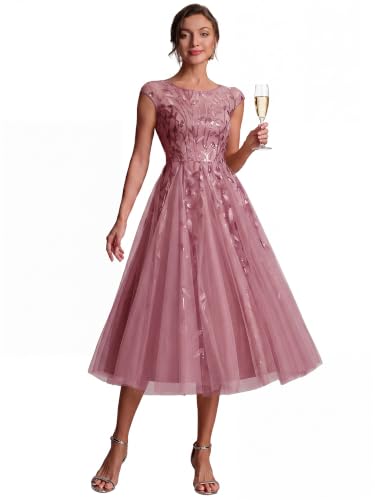 Ever-Pretty Women's Sequin Tulle Midi Formal Dresses Wedding Guest Dress