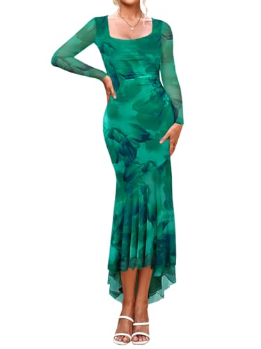 SEBOWEL Women's Floral Print Mesh Long Sleeve Bodycon Dress Ruched Mermaid Wedding Guest Dress Formal Cocktail Gown with Fish Tail Hem
