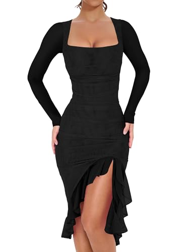 BORIFLORS Women's Sexy Ruched Bodycon Midi Dresses Elegant Mesh Long Sleeve Square Neck Ruffle Hem Cocktail Party Dress, X-Small, Black