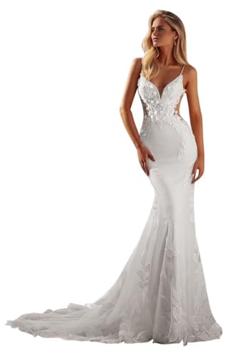 Mermaid Lace Wedding Dresses for Women 2026 Spaghetti Straps V Neck Tulle Backless Bridal Wedding Ball Gowns for Bride White US10