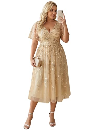 Ever-Pretty Womens Embroidered Tulle Plus Size Cocktail Evening Party Dress A-Line Midi Wedding Guest Dresses for Curvy Women Gold US20