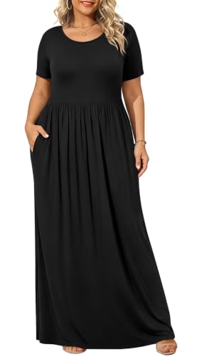 BISHUIGE Womens 2026 Plus Size Maxi Dresses Summer Casual Short Sleeve Long Dress with Pockets XL-6XL XX-Large, Black
