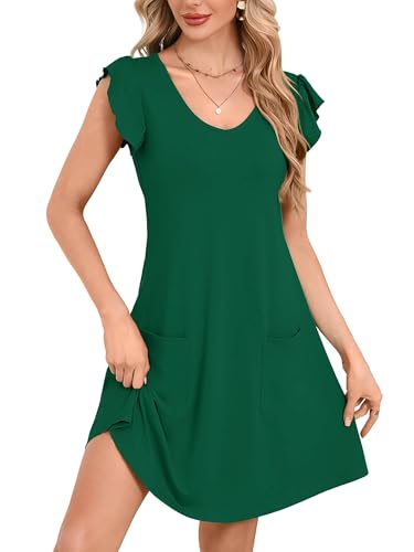 DEARCASE Summer Ruffle Sleeve Mini Dress for Women,Dark Green,X-Large